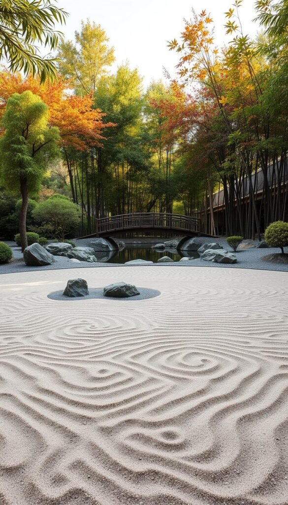 A serene Zen garden layout with carefully curated elements. In the foreground, a neatly raked sand garden with gentle swirling patterns, surrounded by carefully placed rocks and boulders. In the middle ground, a tranquil koi pond with a simple wooden bridge arching over it. The background features a lush, verdant backdrop of meticulously trimmed Japanese maple trees and bamboo groves, casting a soft, diffused lighting across the scene. The overall composition evokes a sense of balance, harmony, and mindfulness, perfect for meditation and personal reflection. A serene Zen garden layout with carefully curated elements. In the foreground, a neatly raked sand garden with gentle swirling patterns, surrounded by carefully placed rocks and boulders. In the middle ground, a tranquil koi pond with a simple wooden bridge arching over it. The background features a lush, verdant backdrop of meticulously trimmed Japanese maple trees and bamboo groves, casting a soft, diffused lighting across the scene. The overall composition evokes a sense of balance, harmony, and mindfulness, perfect for meditation and personal reflection.