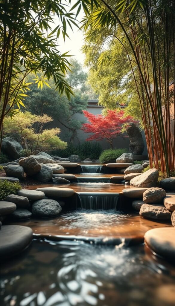 A serene Zen garden oasis, with a gently flowing water feature as the centerpiece. Smooth, rounded stones line the edges, creating a natural and calming ambiance. The water cascades over a series of levels, creating a soothing, meditative sound. Lush, verdant foliage frames the scene, including carefully pruned Japanese maples and delicate bamboo shoots. Soft, diffused lighting casts a warm, golden glow, evoking a sense of tranquility and introspection. The entire composition is captured from a low, eye-level perspective, inviting the viewer to step into the tranquil space and experience the restorative power of the Zen garden. A serene Zen garden oasis, with a gently flowing water feature as the centerpiece. Smooth, rounded stones line the edges, creating a natural and calming ambiance. The water cascades over a series of levels, creating a soothing, meditative sound. Lush, verdant foliage frames the scene, including carefully pruned Japanese maples and delicate bamboo shoots. Soft, diffused lighting casts a warm, golden glow, evoking a sense of tranquility and introspection. The entire composition is captured from a low, eye-level perspective, inviting the viewer to step into the tranquil space and experience the restorative power of the Zen garden.