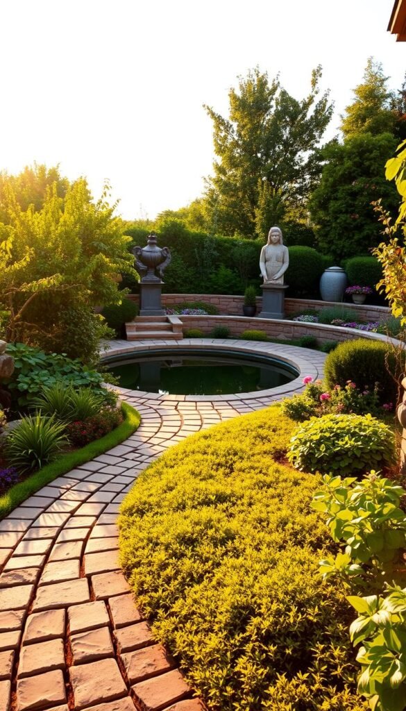 A serene and harmonious garden landscape, bathed in warm, golden afternoon light. In the foreground, an intricate patterned pathway of natural stone pavers weaves through lush, verdant plantings - vibrant perennials, cascading vines, and sculpted shrubs. The middle ground features a tranquil reflection pool, its surface mirroring the surrounding foliage and creating a sense of fluidity. In the background, a low, stone retaining wall anchors the scene, complemented by a carefully curated arrangement of potted plants and sculptural elements. The overall composition exudes a sense of balance, functionality, and a seamless integration of hardscape and softscape, guiding the viewer's eye through the inviting outdoor space. A serene and harmonious garden landscape, bathed in warm, golden afternoon light. In the foreground, an intricate patterned pathway of natural stone pavers weaves through lush, verdant plantings - vibrant perennials, cascading vines, and sculpted shrubs. The middle ground features a tranquil reflection pool, its surface mirroring the surrounding foliage and creating a sense of fluidity. In the background, a low, stone retaining wall anchors the scene, complemented by a carefully curated arrangement of potted plants and sculptural elements. The overall composition exudes a sense of balance, functionality, and a seamless integration of hardscape and softscape, guiding the viewer's eye through the inviting outdoor space.