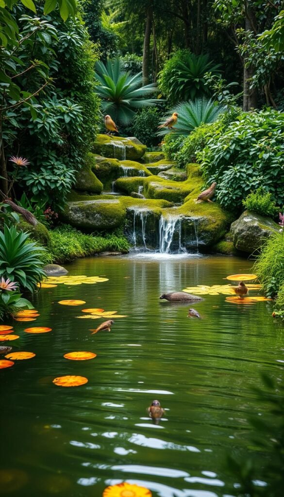 A serene and lush water feature nestled in a thriving wildlife oasis. A tranquil pond surrounded by verdant foliage, home to a diverse array of aquatic life. The foreground showcases a gently rippling surface, reflecting the vibrant colors of surrounding plants and flowers. In the middle ground, a cascading waterfall spills over mossy rocks, creating a soothing ambient soundscape. The background reveals a richly textured, densely forested environment, teeming with birds, insects, and other small creatures. The scene is bathed in soft, natural lighting, conveying a sense of harmony and balance between the water, vegetation, and wildlife. A serene and lush water feature nestled in a thriving wildlife oasis. A tranquil pond surrounded by verdant foliage, home to a diverse array of aquatic life. The foreground showcases a gently rippling surface, reflecting the vibrant colors of surrounding plants and flowers. In the middle ground, a cascading waterfall spills over mossy rocks, creating a soothing ambient soundscape. The background reveals a richly textured, densely forested environment, teeming with birds, insects, and other small creatures. The scene is bathed in soft, natural lighting, conveying a sense of harmony and balance between the water, vegetation, and wildlife.