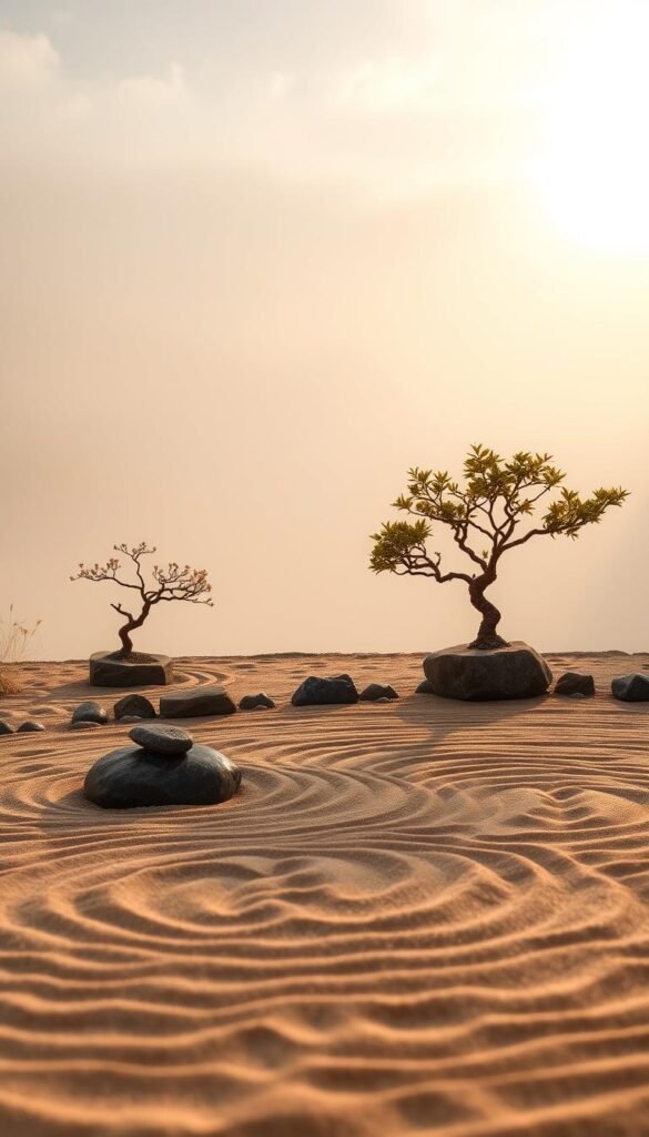 A serene and tranquil mini zen garden, set against a soft, diffused background. In the foreground, a carefully raked sand bed with delicate patterns, surrounded by smooth river rocks and a few strategically placed bonsai trees. Warm, natural lighting filters through a diffused sky, casting gentle shadows and highlights on the scene. The overall atmosphere is one of profound calm and introspection, inviting the viewer to pause and reflect. The scene captures the essence of mindfulness and the benefits of incorporating a mini zen garden into a small, urban yard or patio.
