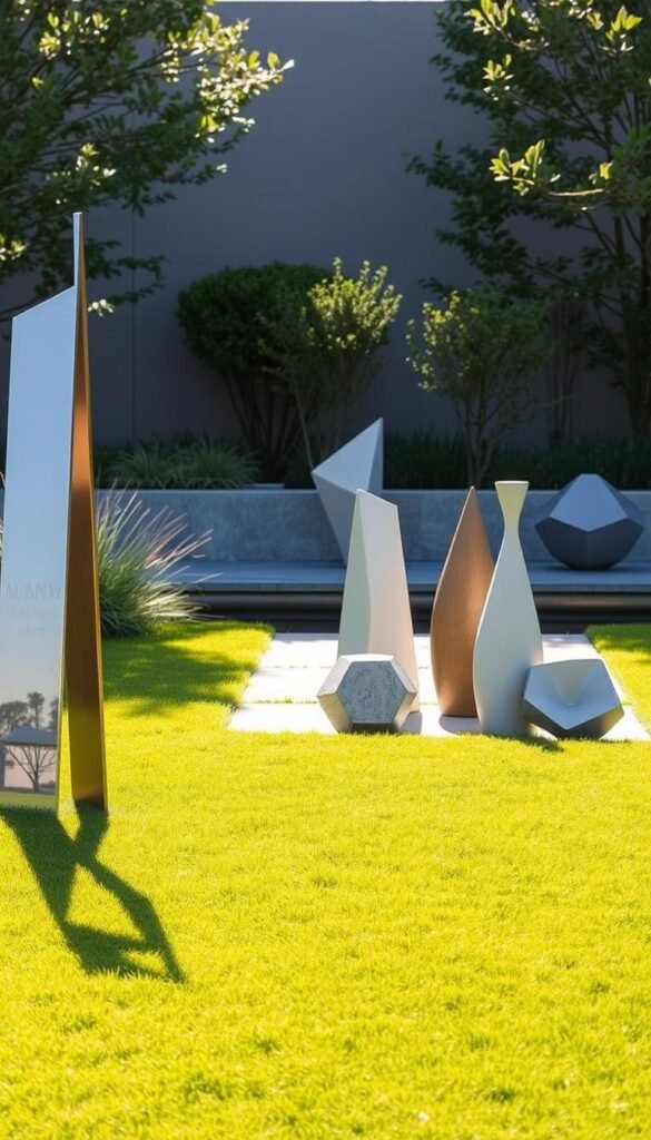 A serene, contemporary garden setting with a striking focal point of modern sculptural forms. In the foreground, clean-lined, abstract metal sculptures in shades of silver and bronze stand tall, casting long shadows across the lush green grass. The middle ground features a carefully curated arrangement of geometric stone and ceramic sculptures, their organic shapes and muted tones complementing the surroundings. In the background, a minimalist water feature reflects the interplay of light and shadow, creating a sense of tranquility. The overall scene is illuminated by soft, diffused natural lighting, accentuating the textures and shapes of the modern garden art pieces.