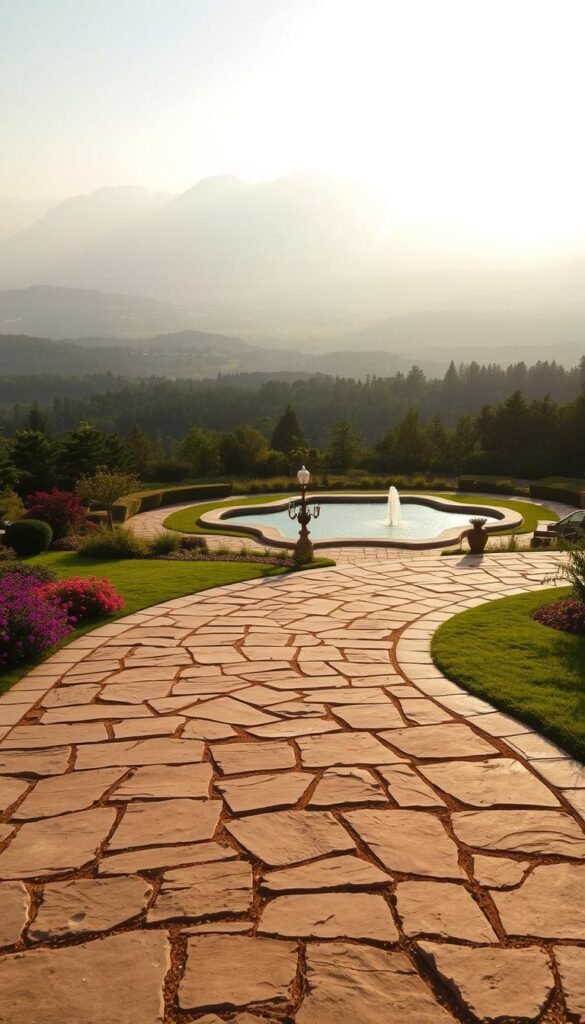 A serene, expansive outdoor landscape with a lush, meticulously designed garden as the focal point. The foreground features a wide, winding path made of natural stone, bordered by vibrant, blooming flowers and ornamental shrubs. In the middle ground, a stunning water feature, such as a tranquil pond or a cascading fountain, reflects the warm, golden light of the setting sun. The background showcases a panoramic view of rolling hills, dense forests, and a distant mountain range, bathed in a soft, hazy glow. The overall atmosphere is one of harmony, balance, and a profound connection with nature, inviting the viewer to immerse themselves in the beauty of this expansive outdoor oasis.