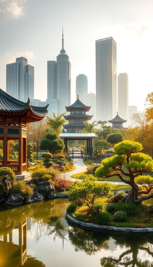 A serene fusion of ancient and modern, a Chinese garden landscape design showcases its timeless heritage. In the foreground, a tranquil pond reflects the graceful curves of a traditional pavilion, its elegant roofline punctuating the scene. Surrounding it, a lush tapestry of verdant foliage and sculpted bonsai trees, meticulously pruned and maintained. In the middle ground, a meandering path leads the eye towards a contemporary glass and steel structure, its sleek lines and minimalist aesthetic seamlessly integrated with the natural elements. The background is dominated by a harmonious blend of towering skyscrapers and ancient pagodas, their silhouettes casting long shadows across the scene. Warm, golden sunlight filters through, creating a dreamlike atmosphere that celebrates the enduring beauty of this unique cultural heritage.