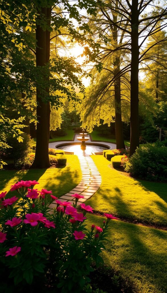 A serene garden bathed in warm, golden sunlight filtering through lush foliage. The foreground features a well-tended flower bed with vibrant blooms, their petals gently swaying in a soft breeze. In the middle ground, a winding stone path leads the eye towards a tranquil water feature, its surface rippling with light. Tall trees line the edges of the frame, their dappled shadows creating intricate patterns on the ground. The overall atmosphere is one of peaceful serenity, inviting the viewer to pause and soak in the natural beauty of the scene.