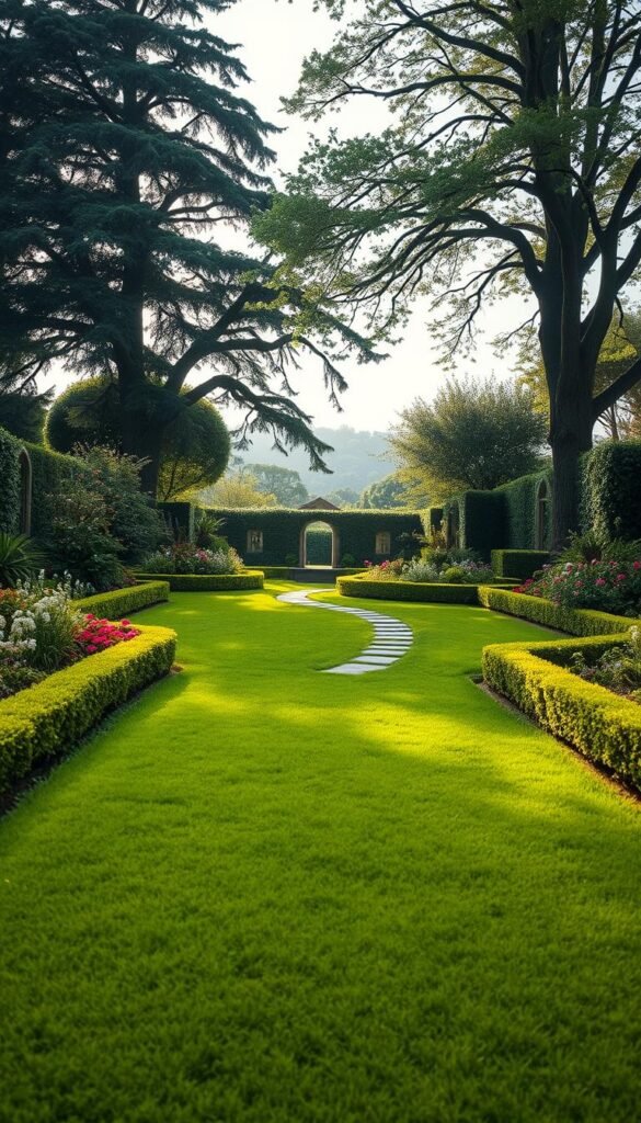 A serene garden design brief unfolds, showcasing a meticulously planned outdoor oasis. In the foreground, a lush, verdant lawn provides a tranquil canvas, framed by neatly trimmed hedges and vibrant flower beds. The middle ground features a winding stone pathway, leading the eye through the scene. Towering trees and shrubs create a natural backdrop, casting soft, diffused light across the space. The overall composition evokes a sense of balance, harmony, and a deep connection to the natural world, perfectly encapsulating the essence of the "Developing Your Garden Design Brief" section.