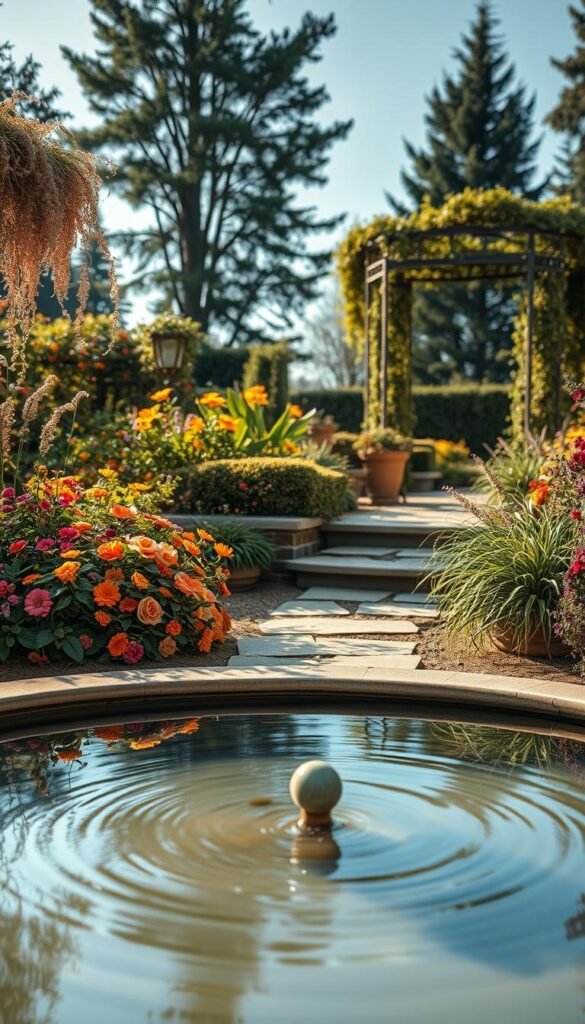 A serene garden oasis, the focal point drawing the eye with graceful elegance. In the foreground, a tranquil water feature reflects the natural beauty, its gentle ripples mesmerizing the viewer. Surrounding the water, a lush arrangement of vibrant flora in warm, earthy tones - cascading flowers, verdant foliage, and delicate petals. In the middle ground, a harmonious blend of textures and shapes, from smooth stone pathways to the architectural elegance of a wrought-iron trellis, draped with climbing vines. The background softly fades, hinting at the larger garden setting, framed by towering trees and a clear, azure sky. Warm, diffused lighting bathes the scene, creating a sense of calm contemplation and inviting the viewer to linger and admire this captivating garden focal point.