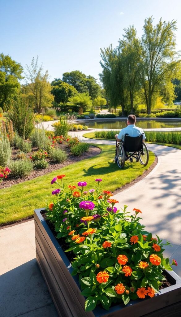 A serene garden scene showcasing the benefits of accessible gardening. In the foreground, a person in a wheelchair tends to a raised planter filled with lush, vibrant flowers. The middle ground features a winding pathway with gentle slopes and wide, level surfaces, allowing easy navigation. In the background, a tranquil pond reflects the clear sky and verdant trees, creating a calming atmosphere. Warm, diffused sunlight bathes the scene, highlighting the accessibility features and the joy of gardening. The overall composition conveys the importance of inclusive outdoor spaces that empower individuals of all abilities to connect with nature. A serene garden scene showcasing the benefits of accessible gardening. In the foreground, a person in a wheelchair tends to a raised planter filled with lush, vibrant flowers. The middle ground features a winding pathway with gentle slopes and wide, level surfaces, allowing easy navigation. In the background, a tranquil pond reflects the clear sky and verdant trees, creating a calming atmosphere. Warm, diffused sunlight bathes the scene, highlighting the accessibility features and the joy of gardening. The overall composition conveys the importance of inclusive outdoor spaces that empower individuals of all abilities to connect with nature.