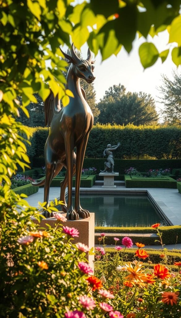 A serene garden setting with a striking sculptural focal point. In the foreground, a majestic bronze statue of a mythical creature stands tall, its intricate details glimmering in the warm afternoon sunlight. Lush, verdant foliage frames the sculpture, creating a harmonious interplay of organic and inorganic elements. In the middle ground, a tranquil reflecting pool mirrors the sculpture, adding a sense of depth and tranquility. Surrounding the scene, a well-maintained garden showcases a variety of vibrant flowers and neatly trimmed hedges, establishing a visually captivating and cohesive landscape. The overall composition evokes a sense of balance, elegance, and thoughtful design, showcasing the power of sculptural elements to elevate a garden's visual impact.