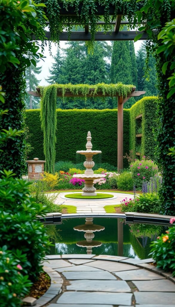 A serene, harmonious garden design showcasing the graceful interplay of natural beauty and structured elements. In the foreground, a tranquil pond reflects the surrounding lush foliage and a gently curved stone pathway inviting exploration. The middle ground features an ornate stone fountain surrounded by vibrant flowering plants, their colors in perfect balance. In the background, a wooden pergola draped with cascading vines frames a vista of meticulously pruned hedges and towering trees, creating a sense of peaceful seclusion. Soft, diffused natural lighting bathes the scene, enhancing the garden's serene atmosphere. The overall composition conveys a harmonious fusion of nature's organic forms and the elegant structures that complement them.