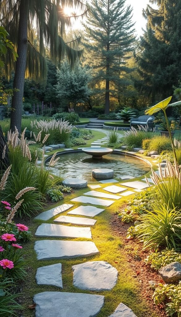 A serene healing garden layout featuring a tranquil pond surrounded by lush vegetation. In the foreground, a winding stone path leads visitors through a tapestry of fragrant flowers, calming grasses, and verdant foliage. The middle ground showcases a soothing water feature, its gentle ripples reflecting the warm, golden sunlight that filters through the canopy of towering trees. In the background, a soothing meditation nook invites contemplation, with comfortable seating nestled amidst a harmonious arrangement of healing plants. The overall atmosphere evokes a sense of restorative calm, promoting mindfulness and well-being. A serene healing garden layout featuring a tranquil pond surrounded by lush vegetation. In the foreground, a winding stone path leads visitors through a tapestry of fragrant flowers, calming grasses, and verdant foliage. The middle ground showcases a soothing water feature, its gentle ripples reflecting the warm, golden sunlight that filters through the canopy of towering trees. In the background, a soothing meditation nook invites contemplation, with comfortable seating nestled amidst a harmonious arrangement of healing plants. The overall atmosphere evokes a sense of restorative calm, promoting mindfulness and well-being.