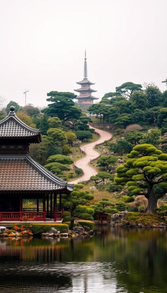 A serene landscape showcasing the evolution of Japanese gardens, with a tranquil pond reflecting the changing architectural and landscape elements. In the foreground, a traditional pavilion with a tiled roof and ornate details stands amidst carefully pruned bonsai trees. The middle ground features a winding path leading through a meticulously groomed rock garden, flanked by lush, verdant foliage. In the background, a towering pagoda silhouette emerges, representing the integration of ancient Buddhist influences into the Japanese garden design. The scene is bathed in warm, diffused lighting, creating a sense of timeless harmony and balance, encapsulating the rich heritage and continuous reinvention of this revered landscape art. A serene landscape showcasing the evolution of Japanese gardens, with a tranquil pond reflecting the changing architectural and landscape elements. In the foreground, a traditional pavilion with a tiled roof and ornate details stands amidst carefully pruned bonsai trees. The middle ground features a winding path leading through a meticulously groomed rock garden, flanked by lush, verdant foliage. In the background, a towering pagoda silhouette emerges, representing the integration of ancient Buddhist influences into the Japanese garden design. The scene is bathed in warm, diffused lighting, creating a sense of timeless harmony and balance, encapsulating the rich heritage and continuous reinvention of this revered landscape art.