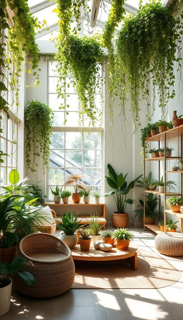 A serene, light-filled interior with lush, verdant foliage cascading from ceiling-to-floor living walls. Sunlight streams through large windows, illuminating a cozy seating area centered around a low table adorned with potted plants and natural elements. Textured materials like rattan, bamboo, and smooth river stones create a tactile, earthy ambiance. Delicate, trailing vines wind their way along shelves and windowsills, blurring the boundary between indoors and out. A sense of harmony and tranquility pervades the space, inviting one to slow down and reconnect with the natural world.