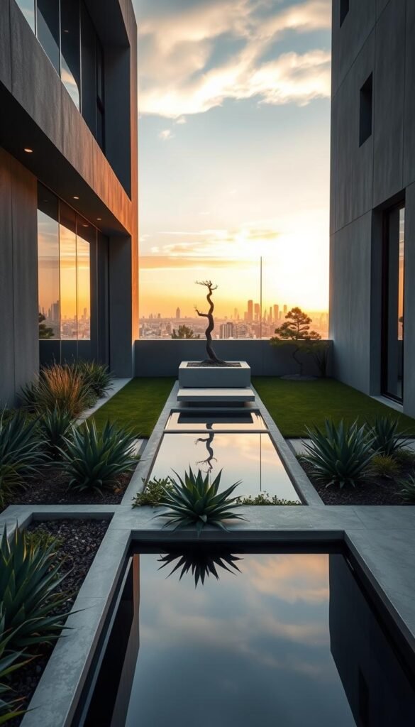 A serene, minimalist modern garden design with clean lines and geometric shapes. In the foreground, a sleek water feature with smooth reflecting pool surrounded by carefully curated succulents and native grasses. The middle ground features a sculpted concrete bench and a meticulously pruned bonsai tree. In the background, a wall of floor-to-ceiling glass panels overlooks a distant cityscape bathed in warm, golden hour lighting. The entire scene exudes a sense of tranquility and zen-like balance, showcasing the latest trends in contemporary landscape architecture.