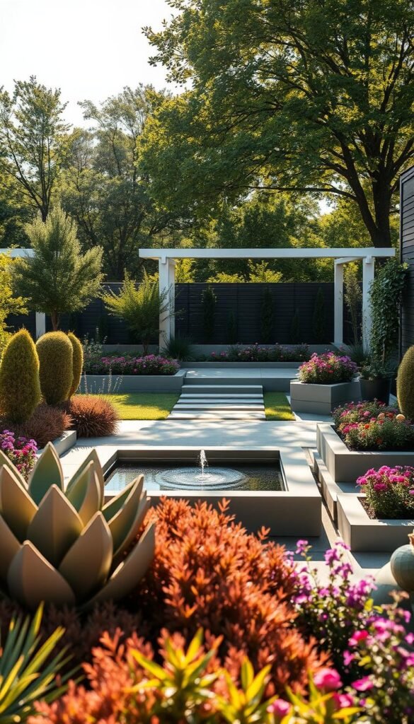 A serene modern garden oasis, bathed in warm afternoon sunlight. In the foreground, sculptural shapes of architectural shrubs and perennials create a harmonious interplay of textures and tones. Centered, a minimalist water feature reflects the sky, its gentle sounds soothing the senses. The middle ground features clean-lined raised planting beds brimming with a vibrant mix of flowering plants, their colors dancing in the breeze. In the background, a modern pergola casts dappled shadows, blending seamlessly with the mature trees beyond. An atmosphere of tranquil sophistication pervades, where timeless natural elements and contemporary design effortlessly coexist. A serene modern garden oasis, bathed in warm afternoon sunlight. In the foreground, sculptural shapes of architectural shrubs and perennials create a harmonious interplay of textures and tones. Centered, a minimalist water feature reflects the sky, its gentle sounds soothing the senses. The middle ground features clean-lined raised planting beds brimming with a vibrant mix of flowering plants, their colors dancing in the breeze. In the background, a modern pergola casts dappled shadows, blending seamlessly with the mature trees beyond. An atmosphere of tranquil sophistication pervades, where timeless natural elements and contemporary design effortlessly coexist.