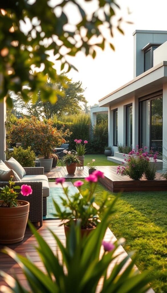 A serene outdoor living space seamlessly blends with a modern home exterior. In the foreground, a cozy patio setup with plush furniture and lush potted plants invites you to relax. The middle ground features a wooden deck that flows effortlessly into a manicured garden, with vibrant blooms and a lush green lawn. In the background, the home's clean architectural lines and large windows create a harmonious connection between the interior and exterior. Warm, diffused sunlight bathes the scene, casting gentle shadows and creating a welcoming, natural ambiance. A harmonious integration of nature and contemporary design, this image showcases the beauty of blending home and outdoor living.