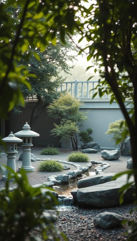 A serene outdoor oasis with a meticulously designed zen garden. A tranquil landscape with a minimalist yet carefully curated arrangement of stone lanterns, a trickling water feature, and carefully placed rocks and pebbles. Verdant foliage frames the scene, creating a sense of seclusion and calm. Soft, diffuse natural lighting filters through the trees, casting gentle shadows and highlighting the textures of the garden elements. The overall atmosphere is one of quiet contemplation and inner peace, inviting the viewer to slow down and immerse themselves in the tranquility of the space.