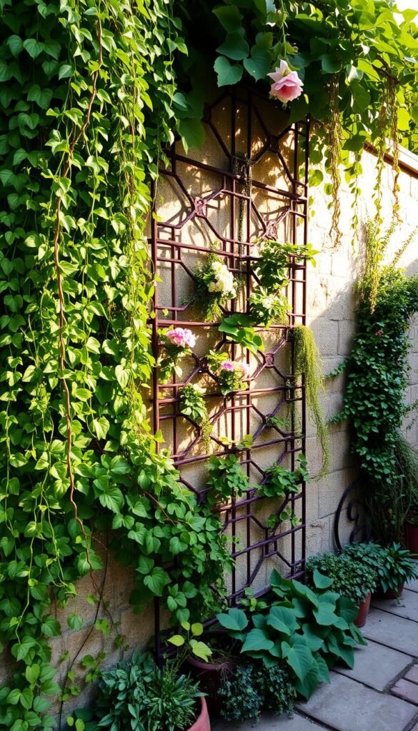 A serene outdoor setting, a lush garden wall adorned with a captivating array of vibrant flora. In the foreground, cascading vines and trailing ivy intertwine, creating a mesmerizing tapestry of verdant hues. The middle ground showcases a striking trellis system, its intricate lattice work supporting a variety of blooming flowers and climbing plants, casting soft, dappled shadows across the scene. In the background, a weathered stone wall serves as a canvas, its textured surface accentuated by the warm, golden sunlight filtering through the verdant foliage. The overall atmosphere evokes a sense of tranquility and artistic expression, inviting the viewer to immerse themselves in this harmonious fusion of nature and creativity. A serene outdoor setting, a lush garden wall adorned with a captivating array of vibrant flora. In the foreground, cascading vines and trailing ivy intertwine, creating a mesmerizing tapestry of verdant hues. The middle ground showcases a striking trellis system, its intricate lattice work supporting a variety of blooming flowers and climbing plants, casting soft, dappled shadows across the scene. In the background, a weathered stone wall serves as a canvas, its textured surface accentuated by the warm, golden sunlight filtering through the verdant foliage. The overall atmosphere evokes a sense of tranquility and artistic expression, inviting the viewer to immerse themselves in this harmonious fusion of nature and creativity.