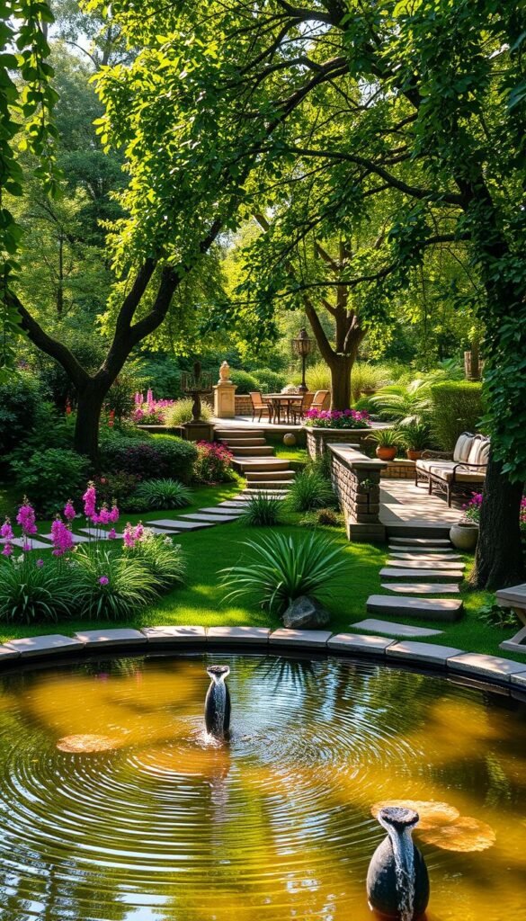 A serene, sun-dappled garden oasis, lush with verdant foliage and vibrant flowers. In the foreground, a tranquil pond reflects the surrounding natural beauty, its gently rippling surface evoking a sense of calm. Meandering stone pathways invite visitors to explore the verdant landscape, which is dotted with soothing water features and cozy seating areas. Warm, soft lighting filters through the canopy of trees, creating a warm, inviting atmosphere. The overall scene conveys a restorative, therapeutic ambiance, promoting mindfulness, relaxation, and a deeper connection with nature.