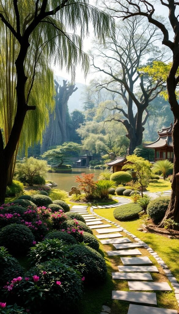 A serene, sun-dappled tea garden nestled in a lush, verdant landscape. In the foreground, a winding stone path leads through a vibrant tapestry of flowering plants and sculpted shrubbery. Graceful pagodas and pavilions dot the middle ground, their elegant architecture reflected in a shimmering pond. Towering bamboo groves and ancient gnarled trees form the backdrop, casting soft, diffused light across the tranquil scene. The air is thick with the sweet fragrance of blooming camellia and jasmine, inviting visitors to pause, breathe deeply, and savor the calming ambiance of this timeless oasis.