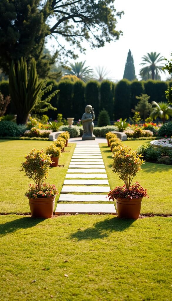 A serene, symmetrically arranged garden landscape with three distinct focal points positioned in a triangular formation. In the foreground, a trio of flourishing potted plants or small shrubs, their vibrant foliage casting gentle shadows. The middle ground features a simple, elegant stone pathway leading the eye towards the central feature - a beautifully crafted garden sculpture or ornament, backlit by soft, diffused natural lighting. In the distance, a harmonious arrangement of trees and flowering plants, their colors and textures creating depth and balance. The overall scene conveys a sense of tranquility and intentional design, showcasing the principles of the rule of three in an inviting, visually compelling manner.