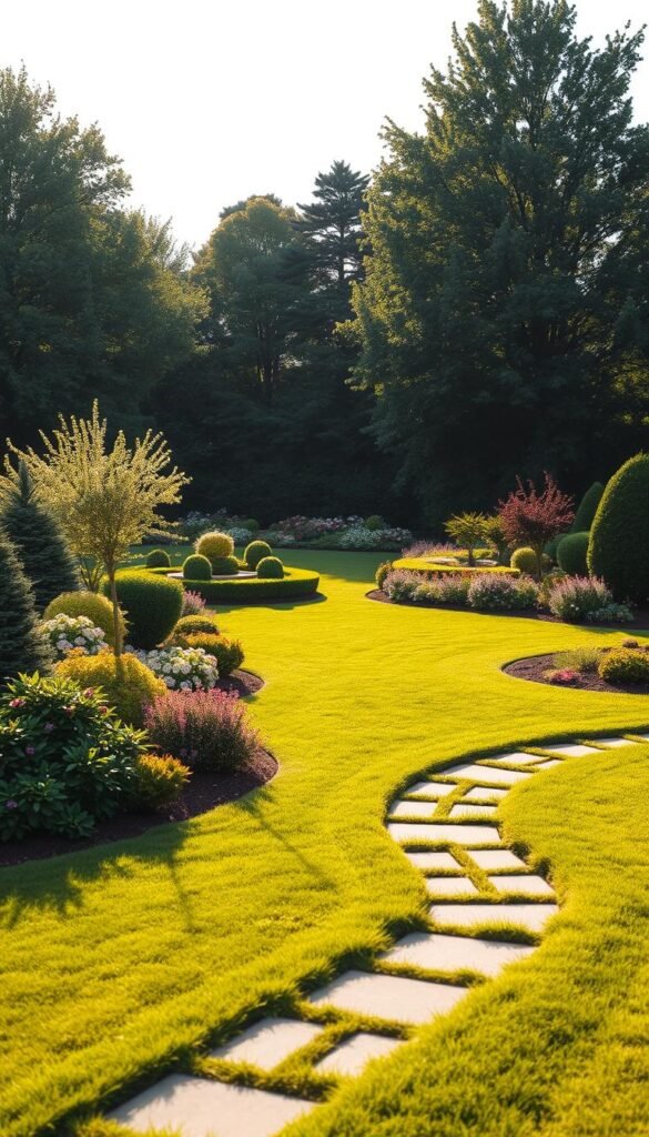 A serene, well-designed landscape layout featuring defined garden zones and meandering pathways. The foreground showcases a lush, manicured lawn with a winding stone path leading the eye deeper into the scene. The middle ground boasts a variety of flourishing, carefully curated flower beds and shrubs, strategically placed to create a sense of harmony and balance. In the background, a row of mature trees provide a natural, verdant backdrop, casting soft, dappled shadows across the entire composition. The lighting is warm and golden, evoking a tranquil, inviting atmosphere. The perspective is slightly elevated, allowing the viewer to appreciate the overall layout and flow of the landscape.