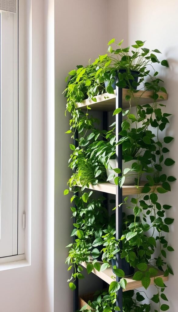 A small, vertical indoor garden with lush, verdant foliage cascading down a sleek, modern shelving unit. The plants are expertly arranged in a minimalist, geometric design, creating a serene and calming atmosphere. Soft, natural lighting filters in from a nearby window, casting a warm glow on the vibrant greenery. The scene is captured from a slightly elevated angle, showcasing the intricate details of the plant life and the clean, functional design of the shelving. The overall effect is one of tranquility and harmony, bringing the beauty of nature into a cozy, urban living space.
