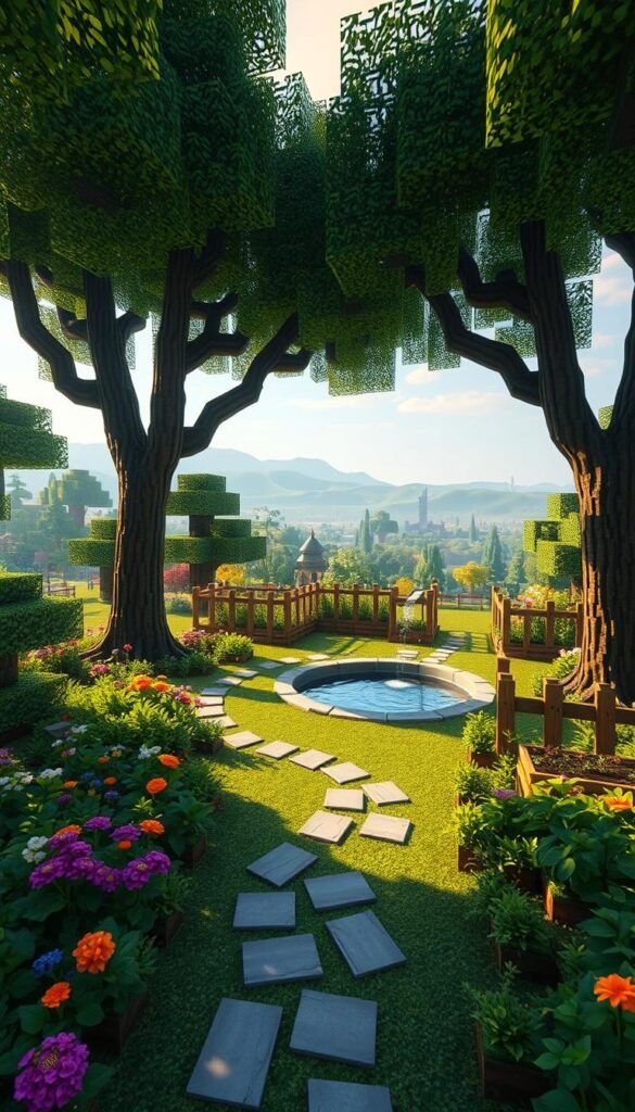 A sprawling Minecraft garden layout unfolds before us, meticulously planned and designed. In the foreground, lush greenery and vibrant flowers dot the landscape, complemented by a winding path of stone and wood. Towering trees provide a natural canopy, casting a warm, diffused lighting across the scene. In the middle ground, a small pond reflects the surrounding flora, its surface rippling gently. Raised garden beds stand ready to host an array of crops, while strategically placed fences and gates delineate the various zones. The background showcases a serene Minecraft skyline, with rolling hills and distant structures adding depth and dimension to the composition. This comprehensive layout exemplifies the fusion of virtual creativity and real-world inspiration, inviting the viewer to embark on a Minecraft-inspired garden project. A sprawling Minecraft garden layout unfolds before us, meticulously planned and designed. In the foreground, lush greenery and vibrant flowers dot the landscape, complemented by a winding path of stone and wood. Towering trees provide a natural canopy, casting a warm, diffused lighting across the scene. In the middle ground, a small pond reflects the surrounding flora, its surface rippling gently. Raised garden beds stand ready to host an array of crops, while strategically placed fences and gates delineate the various zones. The background showcases a serene Minecraft skyline, with rolling hills and distant structures adding depth and dimension to the composition. This comprehensive layout exemplifies the fusion of virtual creativity and real-world inspiration, inviting the viewer to embark on a Minecraft-inspired garden project.