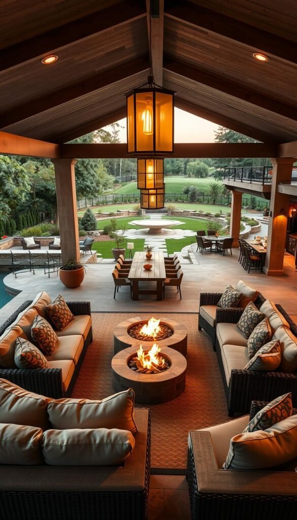 A sprawling outdoor living space with distinct zones for dining, lounging, and entertaining. In the foreground, a cozy seating area with plush sofas and armchairs arranged around a large fire pit, bathed in warm lighting. In the middle ground, a spacious dining patio with a rustic wooden table and hanging pendant lamps, surrounded by lush greenery. In the background, a raised deck with a built-in bar and stools, overlooking a well-manicured lawn and a serene water feature. The scene is captured with a wide-angle lens, conveying a sense of depth and scale, with a soft, golden hour glow and a touch of natural haze for a dreamy, inviting atmosphere.