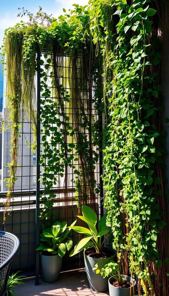 A stunning vertical garden privacy screen adorns the rooftop, creating a lush and secluded oasis. Cascading vines and trailing plants cover the modular metal frame, filtering sunlight and providing a natural barrier. The screen is illuminated by soft, diffused lighting, casting a warm, inviting glow over the space. The scene is captured from a low angle, emphasizing the height and verdant presence of the vertical garden. Vibrant greens and earthy tones blend harmoniously, evoking a sense of tranquility and connection with nature amidst the urban landscape.