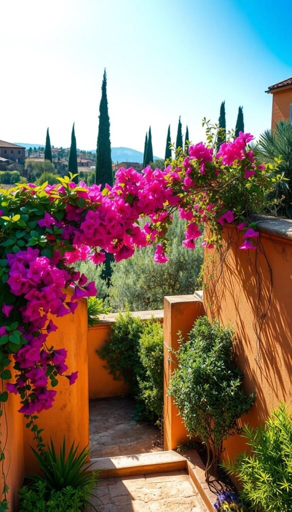 A sun-dappled Mediterranean garden, its walls adorned with lush foliage and trailing vines. In the foreground, a vibrant bougainvillea cascades over the ochre-hued stone, its fuchsia blooms spilling across the scene. Beyond, a middle ground of verdant olive trees and swaying cypress spires, their shadows dancing on the weathered walls. In the background, a glimpse of terracotta rooftops and a cloudless azure sky, evoking the timeless charm of Tuscan landscapes. Captured with a wide-angle lens, the composition invites the viewer to step into this serene, sun-kissed oasis, embracing the essence of Mediterranean garden design.
