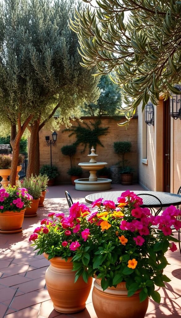 A sun-dappled Tuscan garden terrace, its warm terracotta tiles framed by lush olive trees casting gentle shadows. In the foreground, terra cotta planters overflow with vibrant Mediterranean blooms, their colors a vibrant contrast to the weathered stone walls. A wrought-iron table and chairs invite leisurely al fresco dining, while a stone fountain gurgles softly in the middle distance. The scene is bathed in the soft, golden light of a late afternoon, creating a serene, timeless atmosphere that evokes the essence of traditional Tuscan garden design.