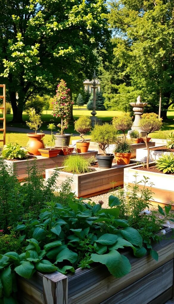 A sun-dappled garden scene featuring a variety of carefully curated raised planter beds and decorative planters. In the foreground, a mix of lush, thriving vegetables, herbs, and flowers spill over the edges of the elevated beds, bathed in warm, golden light. In the middle ground, a collection of potted plants and miniature trees add depth and visual interest, their shadows playing across the weathered wood and stone surfaces. The background is a tranquil, park-like setting with verdant foliage, creating a sense of serene enclosure. The overall composition evokes a sense of compact, intentional beauty and practical, space-saving gardening. A sun-dappled garden scene featuring a variety of carefully curated raised planter beds and decorative planters. In the foreground, a mix of lush, thriving vegetables, herbs, and flowers spill over the edges of the elevated beds, bathed in warm, golden light. In the middle ground, a collection of potted plants and miniature trees add depth and visual interest, their shadows playing across the weathered wood and stone surfaces. The background is a tranquil, park-like setting with verdant foliage, creating a sense of serene enclosure. The overall composition evokes a sense of compact, intentional beauty and practical, space-saving gardening.