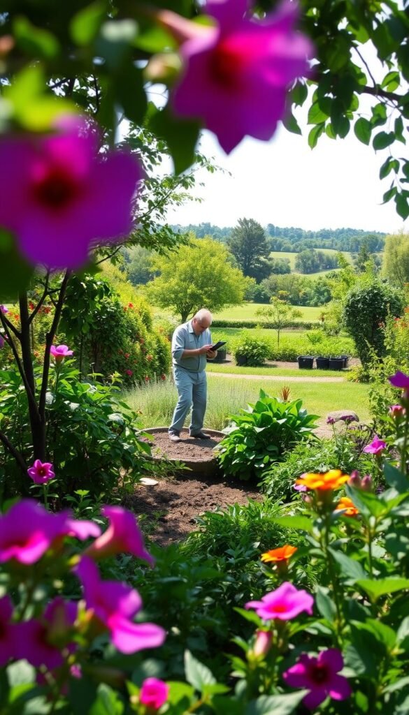 A sun-dappled garden scene, with lush foliage and vibrant blooms in the foreground. In the middle ground, a gardener examines the soil and vegetation, evaluating the site's conditions. The background features a serene, verdant landscape, with trees and shrubs providing a natural backdrop. The lighting is soft and diffused, creating a calming atmosphere. The camera angle is slightly elevated, giving a comprehensive view of the garden space and the gardener's assessment process. This image reflects the "Understanding Your Garden Space and Conditions" section, providing a visually engaging representation of the topic. A sun-dappled garden scene, with lush foliage and vibrant blooms in the foreground. In the middle ground, a gardener examines the soil and vegetation, evaluating the site's conditions. The background features a serene, verdant landscape, with trees and shrubs providing a natural backdrop. The lighting is soft and diffused, creating a calming atmosphere. The camera angle is slightly elevated, giving a comprehensive view of the garden space and the gardener's assessment process. This image reflects the "Understanding Your Garden Space and Conditions" section, providing a visually engaging representation of the topic.