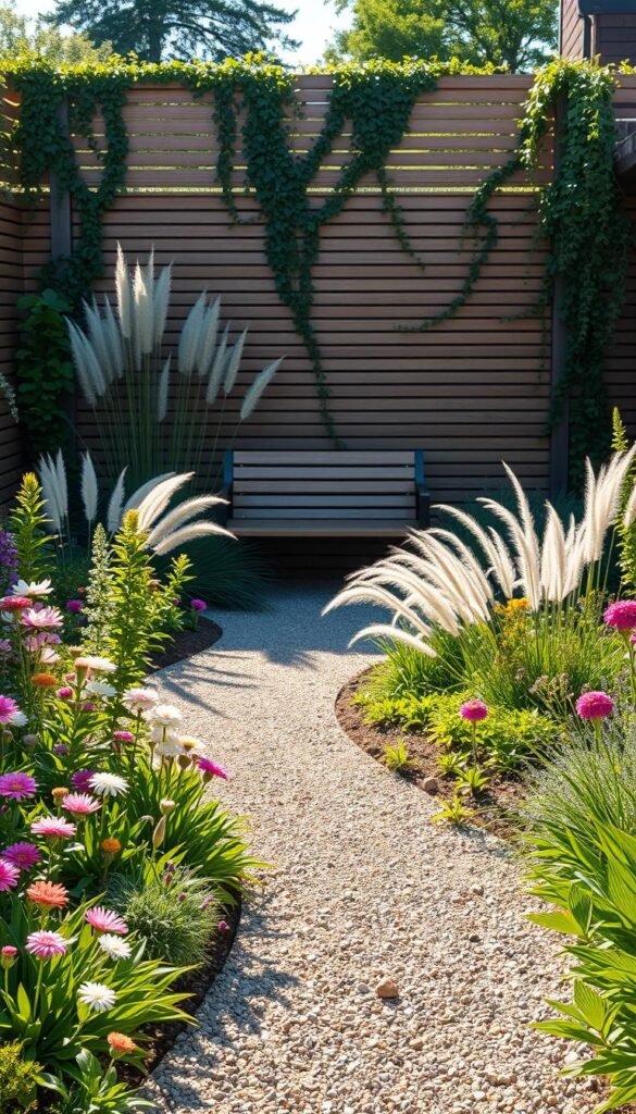 A sun-dappled modern cottage garden layout, with lush perennial beds in the foreground showcasing a harmonious blend of classic cottage florals and contemporary sculptural plants. In the middle ground, a winding gravel path leads to a sleek wooden bench nestled amidst wispy ornamental grasses. The background features a contemporary slatted wood fence, softened by the overflowing spill of climbing vines. Warm, directional lighting casts intriguing shadows, creating a sense of depth and intimacy. The overall atmosphere is one of refined simplicity, where traditional cottage charm meets modern minimalist sensibilities.