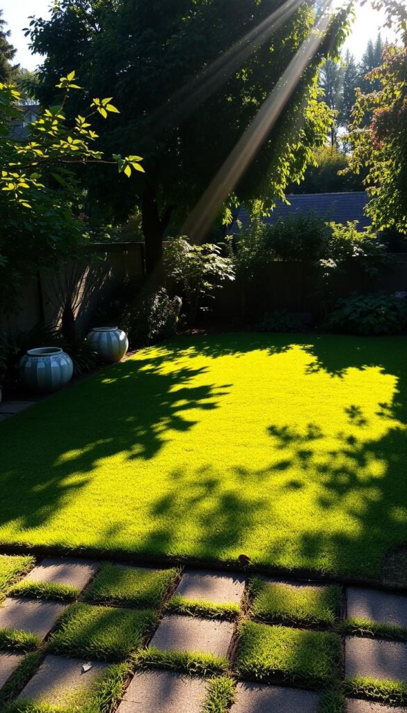 A sun-dappled rectangular garden, with soft rays of light filtering through lush foliage. Shadows dance across the neatly trimmed lawn, creating a mesmerizing pattern of geometric shapes. The warm glow of the afternoon sun bathes the scene, highlighting the harmonious arrangement of plants and pathways. A sense of tranquility and balance pervades the space, inviting the viewer to explore the unique characteristics of this well-designed rectangular garden layout.