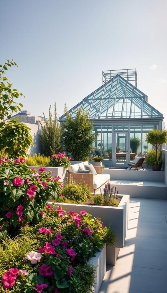A sun-drenched contemporary rooftop garden, lush with vibrant flora and modern architectural elements. In the foreground, raised garden beds overflow with cascading vines and blooming flowers, creating a verdant oasis. The middle ground features a sleek, minimalist seating area with clean lines and neutral tones, inviting relaxation. In the background, a glass-encased greenhouse structure rises, its metallic frame casting geometric shadows across the space. Soft, diffused natural lighting illuminates the scene, highlighting the harmonious blend of nature and modern design. The atmosphere exudes a sense of tranquility and urban sophistication, capturing the essence of a stunning rooftop garden design.