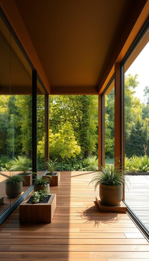 A sun-drenched patio seamlessly transitions into a lush, verdant garden. The frameless glass walls and sliding doors create a harmonious flow between the indoor and outdoor spaces. A wooden deck extends outwards, blurring the line between the two realms. Strategically placed planters and potted plants add pops of greenery, echoing the vibrant foliage beyond. Warm, natural lighting filters through the expansive windows, casting a soft glow and accentuating the earthy tones of the materials. The entire scene conveys a sense of tranquility and connection with nature, embodying the essence of a hybrid garden design.