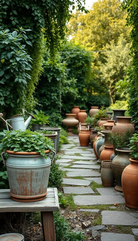 A timeless garden scene showcasing a collection of vintage planters and containers. In the foreground, a rustic terracotta pot with a weathered patina sits atop a worn wooden bench. Beside it, a classic galvanized watering can and an aged metal planter overflow with cascading greenery. In the middle ground, an assortment of antique terracotta pots and vintage ceramic vessels line a stone pathway, their muted tones and textured surfaces evoking a sense of bygone eras. The background is filled with a lush, overgrown garden, its verdant foliage framing the display and creating a serene, naturalistic setting. Soft, diffused lighting casts a warm, golden glow, heightening the nostalgic ambiance. The overall scene radiates a timeless, rustic charm that perfectly captures the essence of a country garden. A timeless garden scene showcasing a collection of vintage planters and containers. In the foreground, a rustic terracotta pot with a weathered patina sits atop a worn wooden bench. Beside it, a classic galvanized watering can and an aged metal planter overflow with cascading greenery. In the middle ground, an assortment of antique terracotta pots and vintage ceramic vessels line a stone pathway, their muted tones and textured surfaces evoking a sense of bygone eras. The background is filled with a lush, overgrown garden, its verdant foliage framing the display and creating a serene, naturalistic setting. Soft, diffused lighting casts a warm, golden glow, heightening the nostalgic ambiance. The overall scene radiates a timeless, rustic charm that perfectly captures the essence of a country garden.