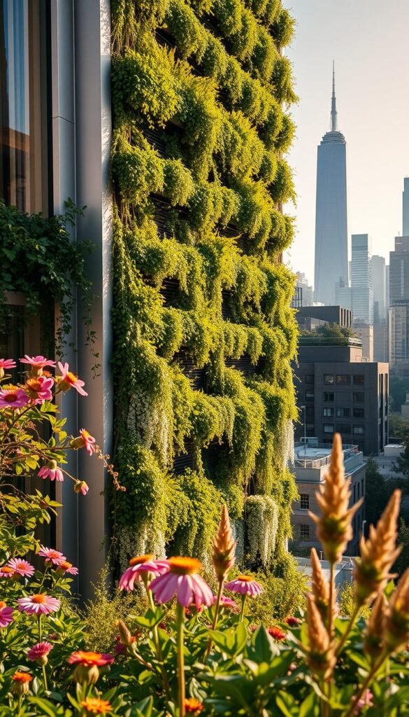 A towering vertical garden cascades down a sleek, modern city facade. Lush greenery spills over elegant terraces, softening the rigid lines of steel and glass. The scene is bathed in warm, golden sunlight, casting gentle shadows that dance across the foliage. In the foreground, vibrant blooms and trailing vines create a living tapestry, inviting the viewer to step into this verdant urban oasis. The middle ground features a mix of native and ornamental plants, carefully curated to thrive in the challenging urban environment. In the background, the city skyline rises, a testament to the harmonious integration of nature and architecture.