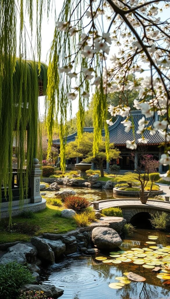 A traditional Chinese garden with lush foliage, gently flowing streams, and stone bridges. In the foreground, a pavilion with intricate rooflines and ornate carvings, partially obscured by the soft canopy of a weeping willow. In the middle ground, a carefully curated arrangement of rocks, bonsai trees, and flowering plants. In the background, a tranquil pond with lily pads and a reflection of the clear sky, framed by the delicate branches of cherry blossoms. The scene is bathed in warm, diffused sunlight, creating a sense of timeless elegance and harmonious balance.