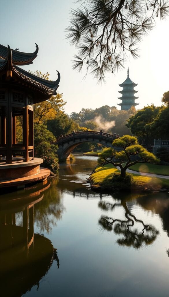 A tranquil Chinese garden, bathed in warm afternoon sunlight. In the foreground, a serene pond reflects the elegant curves of a traditional pavilion, its intricate roof tiles and delicate lattice work casting subtle shadows. Nearby, a weathered stone bridge arches gracefully over a babbling stream, flanked by lush, verdant foliage. In the middle ground, a manicured bonsai garden showcases the artistry of miniaturized trees, their twisted trunks and delicate branches evoking the timeless beauty of nature. In the distance, a pagoda rises above the treetops, its multi-tiered silhouette silhouetted against a hazy blue sky. Wisps of mist curl around the scene, creating an atmosphere of timeless serenity and the enduring legacy of Chinese garden design.