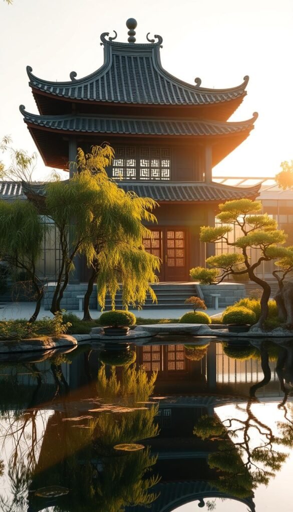 A tranquil Chinese garden, where ancient traditions and modern elements converge in a harmonious fusion. In the foreground, a serene pond reflects the graceful silhouettes of bamboo and bonsai trees. The middle ground showcases a traditional pavilion, its ornate roof and intricate lattice work juxtaposed against a sleek, contemporary glass structure in the background. Warm, golden sunlight filters through the scene, casting a soft, nostalgic glow and highlighting the interplay of old and new. The overall atmosphere evokes a sense of timelessness, where the past and present coexist in a delicate balance, creating a visually captivating and thoughtfully designed space.