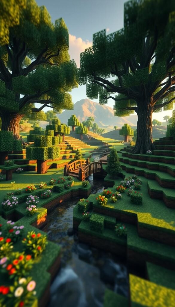 A tranquil Minecraft biome garden design, featuring a lush, verdant landscape with towering oak trees, rolling hills, and a picturesque stream meandering through the scene. In the foreground, an elaborately designed garden bed showcases a variety of colorful flowers and neatly trimmed hedges. The middle ground is punctuated by a charming wooden bridge arching over the babbling brook, while in the distance, a gently sloping mountain range rises up, bathed in warm, golden sunlight. The overall atmosphere is one of serene, natural beauty, inviting the viewer to step into this meticulously crafted digital oasis.