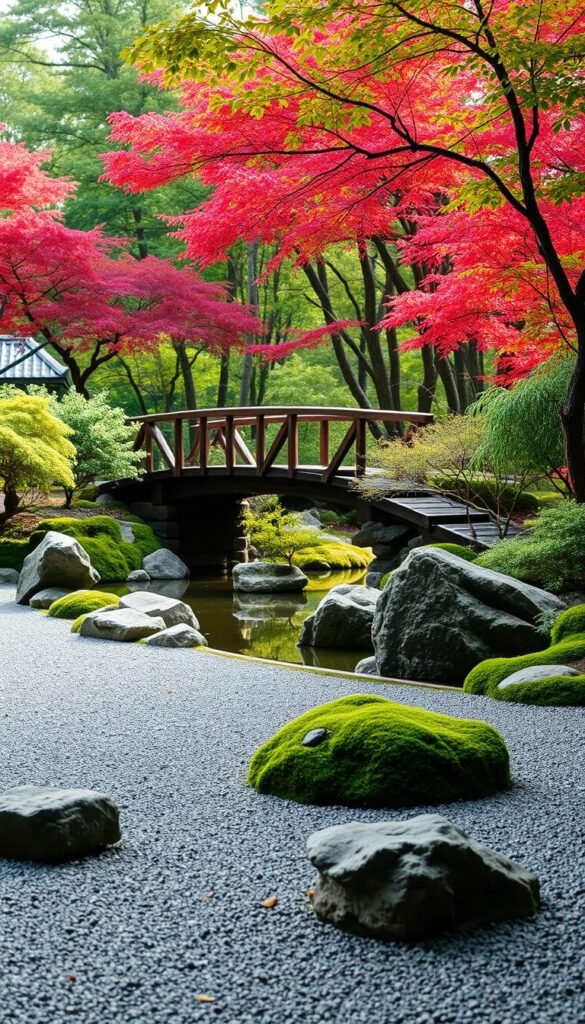 A tranquil Zen garden scene unfolding in soft, natural light. In the foreground, a serene rock garden with carefully placed stones, carefully raked gravel, and delicate moss-covered boulders. In the middle ground, a wooden footbridge arches over a small pond, its surface reflecting the surrounding greenery. In the background, a grove of Japanese maple trees, their vibrant red leaves contrasting with the earthy tones of the garden. The overall composition evokes a sense of harmony, balance, and contemplation, capturing the essence of the historical Zen garden design. A tranquil Zen garden scene unfolding in soft, natural light. In the foreground, a serene rock garden with carefully placed stones, carefully raked gravel, and delicate moss-covered boulders. In the middle ground, a wooden footbridge arches over a small pond, its surface reflecting the surrounding greenery. In the background, a grove of Japanese maple trees, their vibrant red leaves contrasting with the earthy tones of the garden. The overall composition evokes a sense of harmony, balance, and contemplation, capturing the essence of the historical Zen garden design.