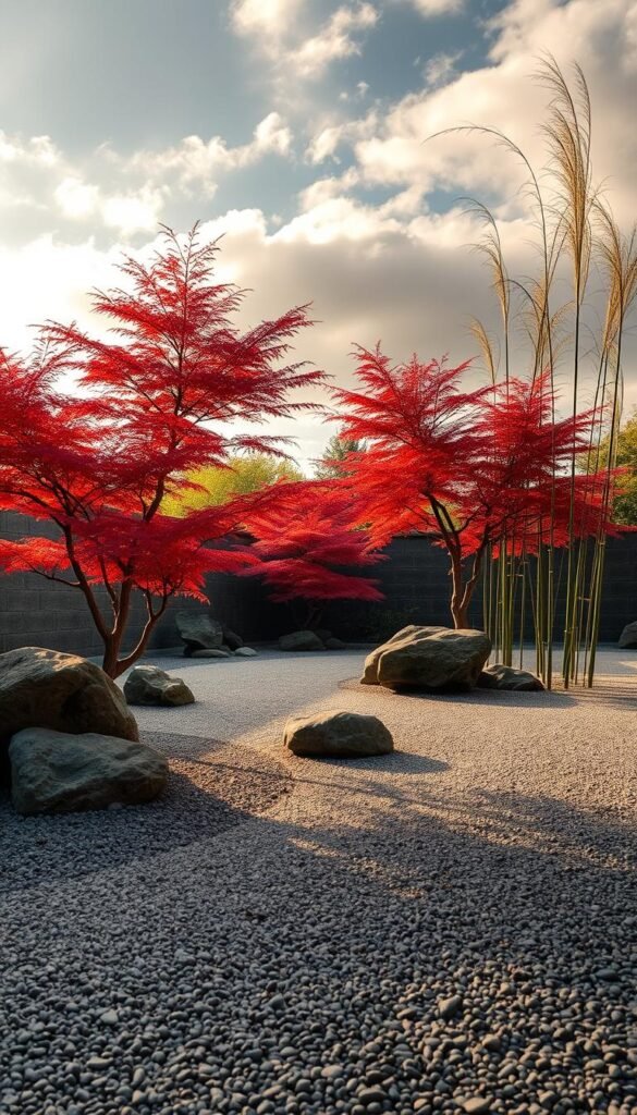 A tranquil Zen garden scene unfolds with meticulously raked gravel paths winding through a minimalist landscape. Smooth rocks and weathered boulders sit amidst carefully trimmed Japanese maple trees, their crimson leaves gently swaying in the breeze. Delicate bamboo stalks sway gracefully, their green stems adding a natural contrast. Warm, golden light filters through wispy clouds, casting soft shadows that accentuate the serene geometry. The overall composition evokes a sense of balance, simplicity, and meditative calm - the essence of traditional Zen garden design principles.