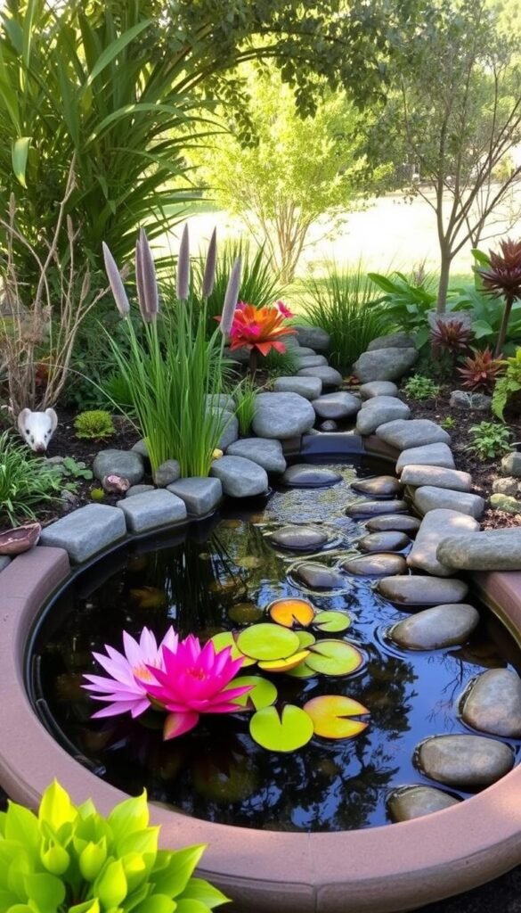 A tranquil container pond nestled amidst a lush garden landscape. The pond's still waters reflect the surrounding foliage and a gently flowing stream that winds its way through the scene. Warm, natural lighting bathes the arrangement, creating a serene and inviting atmosphere. Smooth stones line the stream's edges, guiding the water's path. Vibrant aquatic plants, such as water lilies and cattails, add pops of color and texture to the overall design. The entire setup is framed by a variety of ornamental plants and trees, creating a harmonious and visually captivating container pond and stream display.