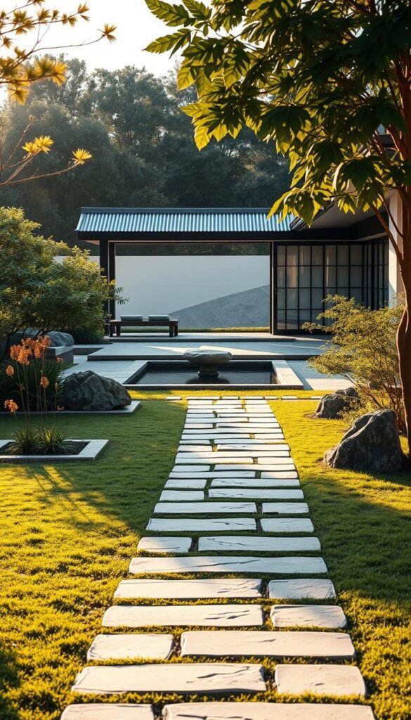 A tranquil contemporary landscape design, bathed in warm, golden light and soft shadows. In the foreground, a meticulously crafted stone pathway winds through a lush, minimalist garden featuring geometric plant beds and carefully placed boulders. The middle ground showcases a serene water feature, its surface reflecting the surrounding greenery and architectural elements. In the background, a sleek, modern pavilion with clean lines and large windows blends harmoniously with the classical Chinese-inspired design motifs. The overall atmosphere evokes a harmonious fusion of heritage and modernity, inviting contemplation and a sense of timeless harmony.