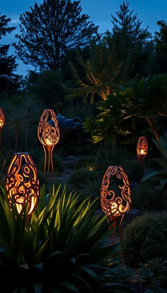 A tranquil garden oasis at dusk, with intricately crafted garden art sculptures and installations strategically positioned to catch the warm glow of soft, ambient lighting. Delicate uplighting casts a gentle, golden hue on the organic forms, highlighting their intricate textures and casting intricate shadows across the lush, verdant foliage. Moody, atmospheric lighting creates a sense of depth and drama, guiding the viewer's eye through the serene landscape. A thoughtful mix of directional spotlights and diffuse, landscape lighting subtly accentuates the unique features and visual interest of the bespoke garden art pieces, inviting exploration and wonder.