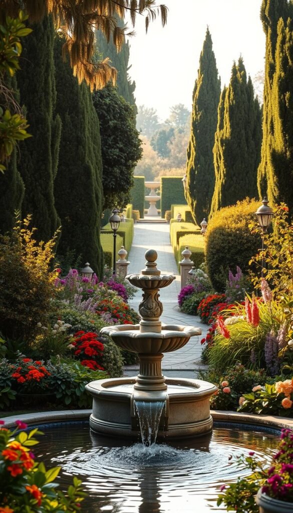 A tranquil garden oasis, bathed in soft, golden light. In the foreground, a majestic stone fountain stands as the centerpiece, its gentle flowing water drawing the eye. Surrounding it, lush foliage and vibrant blooms in a variety of colors and textures create a harmonious tapestry. In the middle ground, a winding path leads the viewer deeper into the garden, inviting exploration. Towering trees and hedges frame the scene, guiding the gaze to a distant focal point - perhaps a sculpture, ornamental urn, or architectural element that serves as a captivating visual anchor. The overall atmosphere is one of serene beauty, elegance, and a sense of balance, creating a truly captivating and inviting garden landscape.